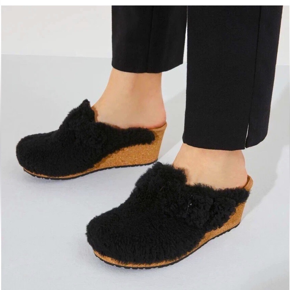 New Papillio Birkenstock Fanny Teddy Wedge Mule- Black Shearling Sherpa